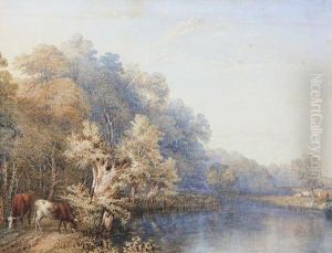 Cattle Watering By A River by Thomas Baker Of Leamington