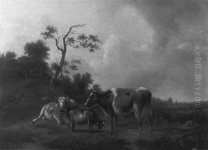 A Wooded Sloping Landscape With Resting Cows And A Goat By A Pond by Pieter Jan Guise