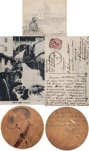 Figure In Italian Landscape; Woman In Hat; Postcard With Gulacsy's Handwriting by Lajos Gulacsy
