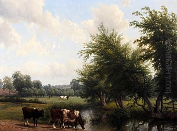 Cattle Watering By A Stream In A Wooded Landscape - view 1