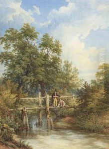 Two Boys Fishing From A Wooden Bridge by Thomas Baker Of Leamington