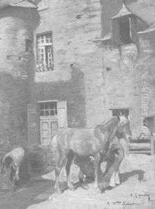 In Einem Schloshof Beschlagt Der Hufschied Ein Pferd by Adolphe Ernest Gumery