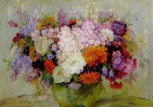 Broget Buket Af Sommerblomster I En Gron Vase by Anna Gumlich-Kempf