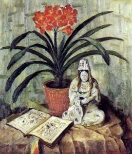 Opstilling Med Amaryllis, Bog Og Kinesisk Porcelaensfigur