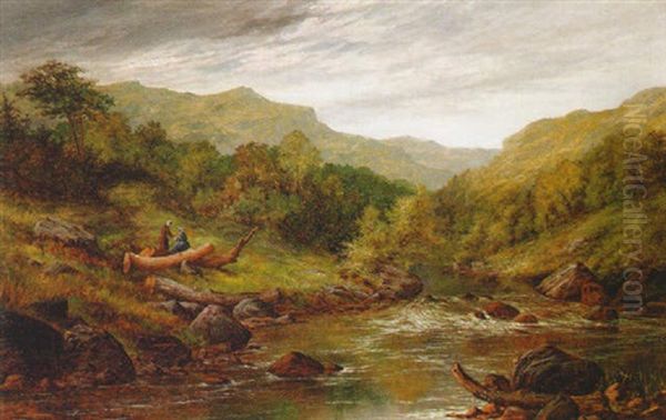 Figures Resting On A Log In A Welsh River Landscape - view 1