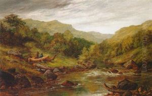 Figures Resting On A Log In A Welsh River Landscape by Henry Gummery