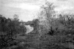 Skogsglanta Med Hangbjorkar, I Bakgrunden Hus Och Promenerande Figurer by Per Gummeson