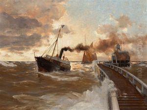 Pear With Steamer And Sailing Ship by Erwin Carl Wilhelm Guenther