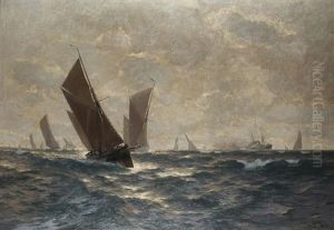 Fischerflotte Nahe Eines Dampfers In Der Nordsee by Erwin Carl Wilhelm Guenther