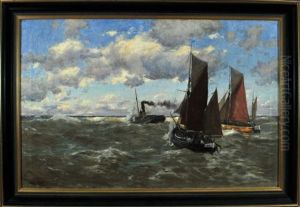 Ein Schlepper Mit Segelschiffen Auf See by Erwin Carl Wilhelm Guenther