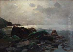 Coastal Scene With A View To A Harbour by Erwin Carl Wilhelm Guenther