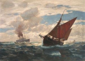 Marine Mit Segelkutter Und Grosem Dampfschiff