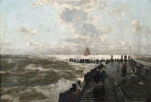 Auf Einem Landungssteg Bei Rauher See Unter Bewolktem Himmel