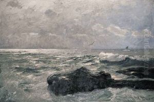 Besonntes Uferstuck Mit Fels, Segelbooten Und Mowen