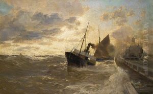 Dampfschiff An Der Mole by Erwin Carl Wilhelm Guenther
