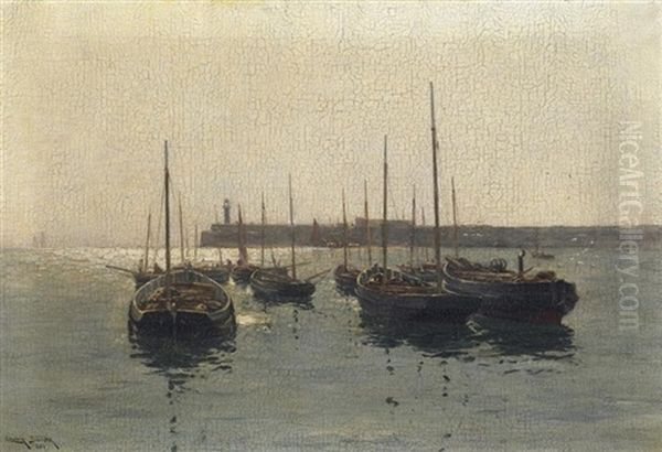 Im Hafen. Ankernde Fischerboote Im Abendlicht - view 1