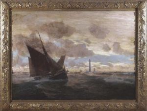 Fischkutter Auf Bewegter See Vor Einem Leuchtturm Fischkutter Auf Bewegter See Vor Einem Leuchtturm