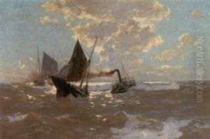 Dampfer Und Segelboote Auf See by Erwin Carl Wilhelm Guenther