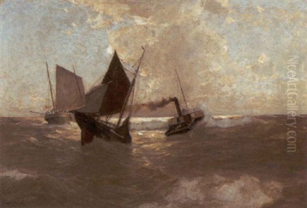 Dampfer Und Segelboote In Bewegter See - view 1