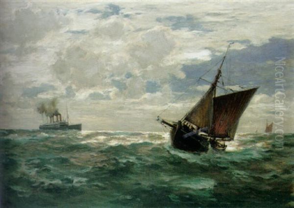 Marine Mit Grosem Passagierschiff, Fischkuttern Und Segelboot - view 1