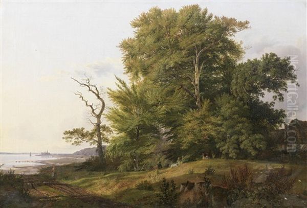 Wooded Landscape With Huntsman And Hounds, A View Of Kronborg Castle Beyond - view 1