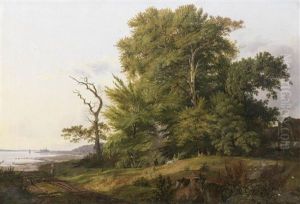 Wooded Landscape With Huntsman And Hounds, A View Of Kronborg Castle Beyond by Louis Gurlitt