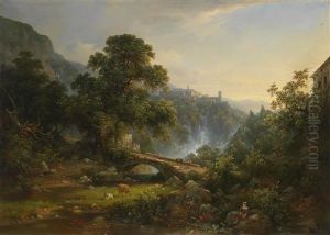 Blick Auf Eine Hochgelegene Stadt In Der Campagna Romana (tivoli?) by Louis Gurlitt