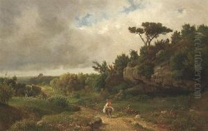 Wandersmann Auf Seinem Maulesel In Der Toskana. Aufziehendes Gewitter by Louis Gurlitt