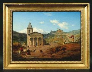 Italienische Berglandschaft. Im Mittergrund Eine Alte Kirche Mit Romischen Vorbau