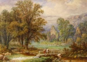 Children Playing In A Stream By The Ruins Of Riveaux Abbey