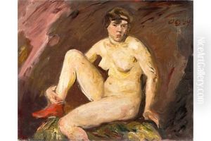Sitzender Weiblicher Akt Mit Rotem Strumpf by Otto Gussmann