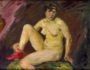 Sitzender Weiblicher Akt Mit Rotem Strumpf by Otto Gussmann