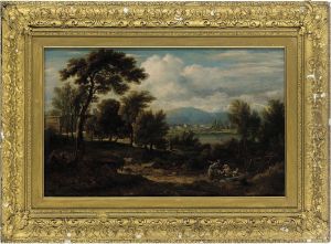 A Wooded River Landscape With Travellers On A Track by Thomas Baker Of Leamington