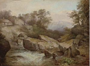 Figures By A Cottage Beside A River In Spate by Thomas Baker Of Leamington