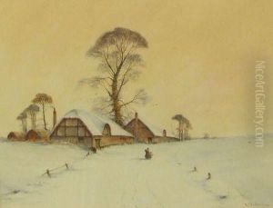 Figures By Old Cottages In Winter Landscape by Walter Baker