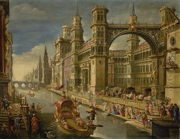 Extravagant Architectural Capriccio With A State Barge On A Canal And Pharaoh's Daughter Finding Moses - view 1
