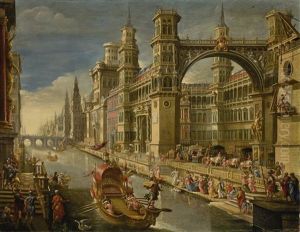 Extravagant Architectural Capriccio With A State Barge On A Canal And Pharaoh's Daughter Finding Moses by Francisco Gutierrez