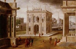 An Architectural Capriccio With Figures Among Classical Buildings, A Quay Beyond by Francisco Gutierrez