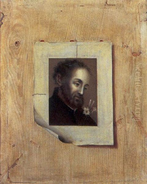 A Trompe L'oeil Of A Drawing Of A Head Of A Man With Flowers Sealed With Wax To A Pine Panel - view 1