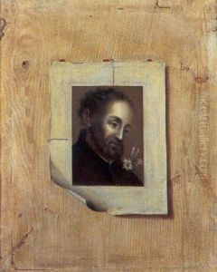 A Trompe L'oeil Of A Drawing Of A Head Of A Man With Flowers Sealed With Wax To A Pine Panel
