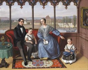 Portrait Of A Family Seated In A Loggia Overlooking A Rhenish Town by Sebastian Gutzwiller