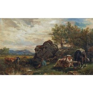 Landschaftspartie Mit Angler Und Rindern by Louis Jean Baptiste Guy