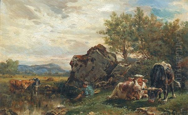Landschaftspartie Mit Angler Und Rindern - view 1