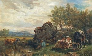 Landschaftspartie Mit Angler Und Rindern by Louis Jean Baptiste Guy
