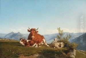Vaches Et Moutons Dans Un Paysage Vallonne by Louis Jean Baptiste Guy