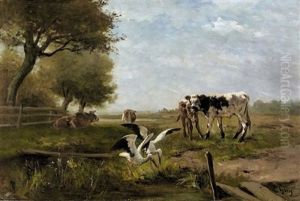 Sommerliche Landschaft Mit Rindern Und Storchen by Louis Jean Baptiste Guy