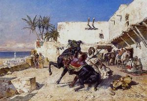 Guerrier Arabe Dressant Son Cheval A L'entree Du Fondouk by Louis Jean Baptiste Guy