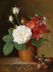 Bouquet Of Flowers With Roses In An Earthenware Vase by Louise J. Guyot