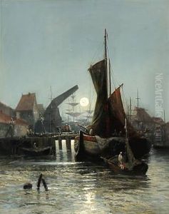 Harbour Scene From Paris In Moonlight by Louise J. Guyot