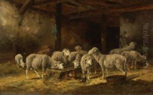 Schafe Und Huhner An Einer Futterkrippe Im Stall by Louise J. Guyot